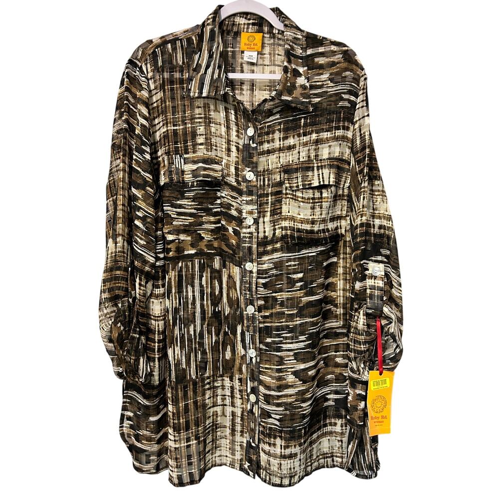 NEW Ruby Rd. Woman SZ 18 W Sheer Earthy Brown RAFIMUL Tunic Top Boho Lagenlook